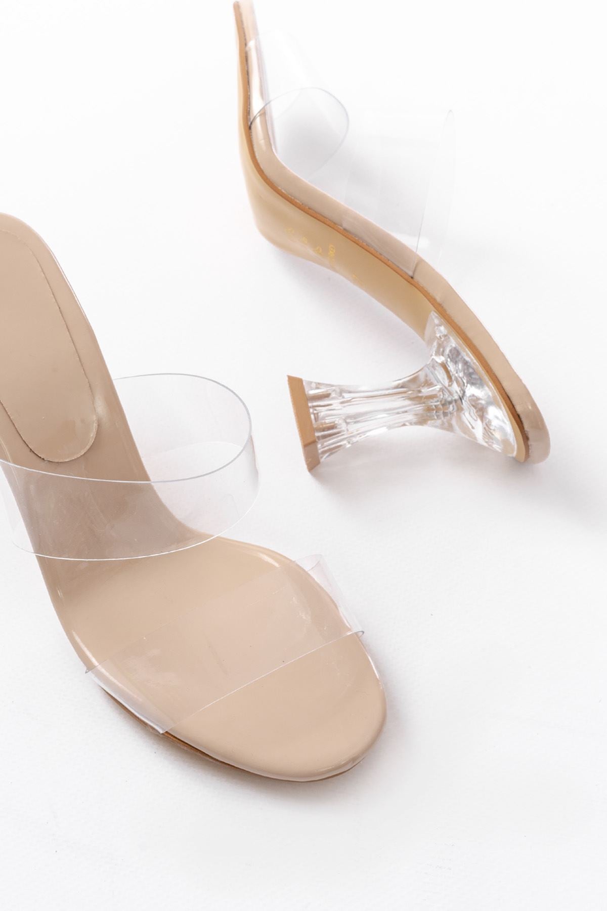 Ourenly Bej Rugan Çift Bantlı Topuklu Kadın Terlik