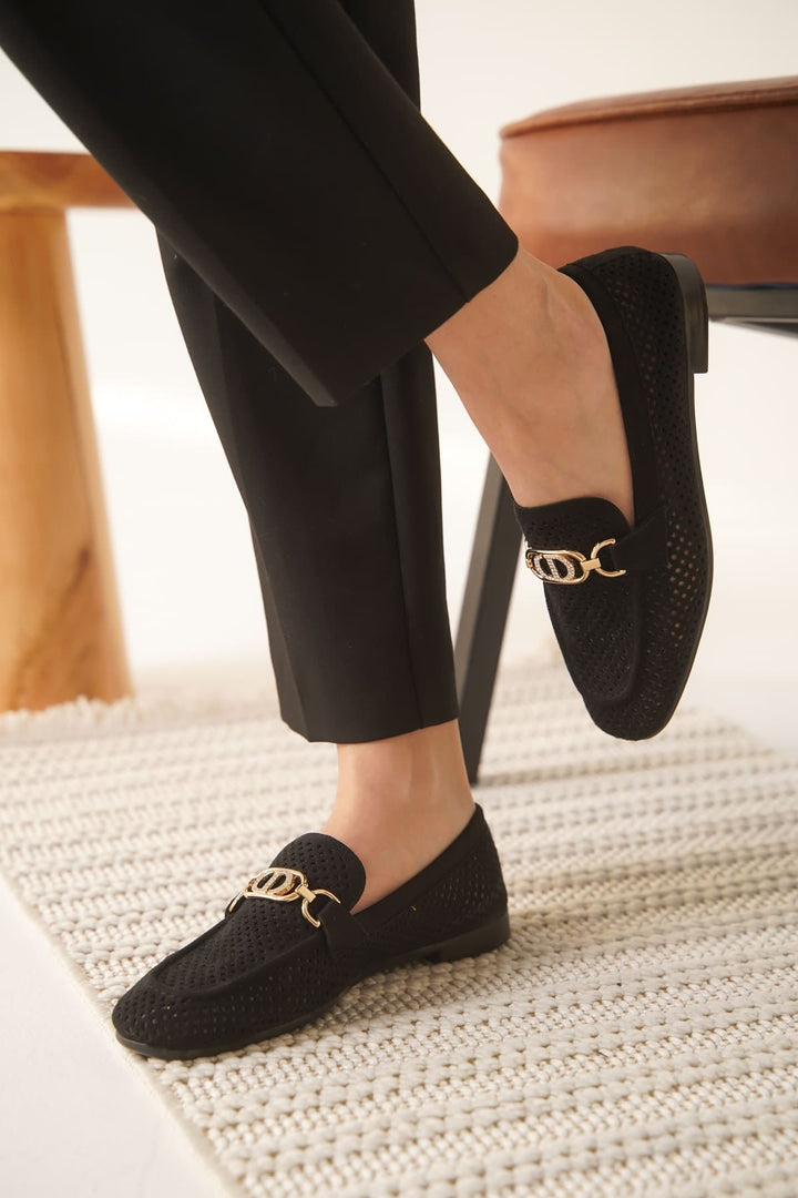 Sally Kadın Tokalı Siyah Süet Loafer Ayakkabı