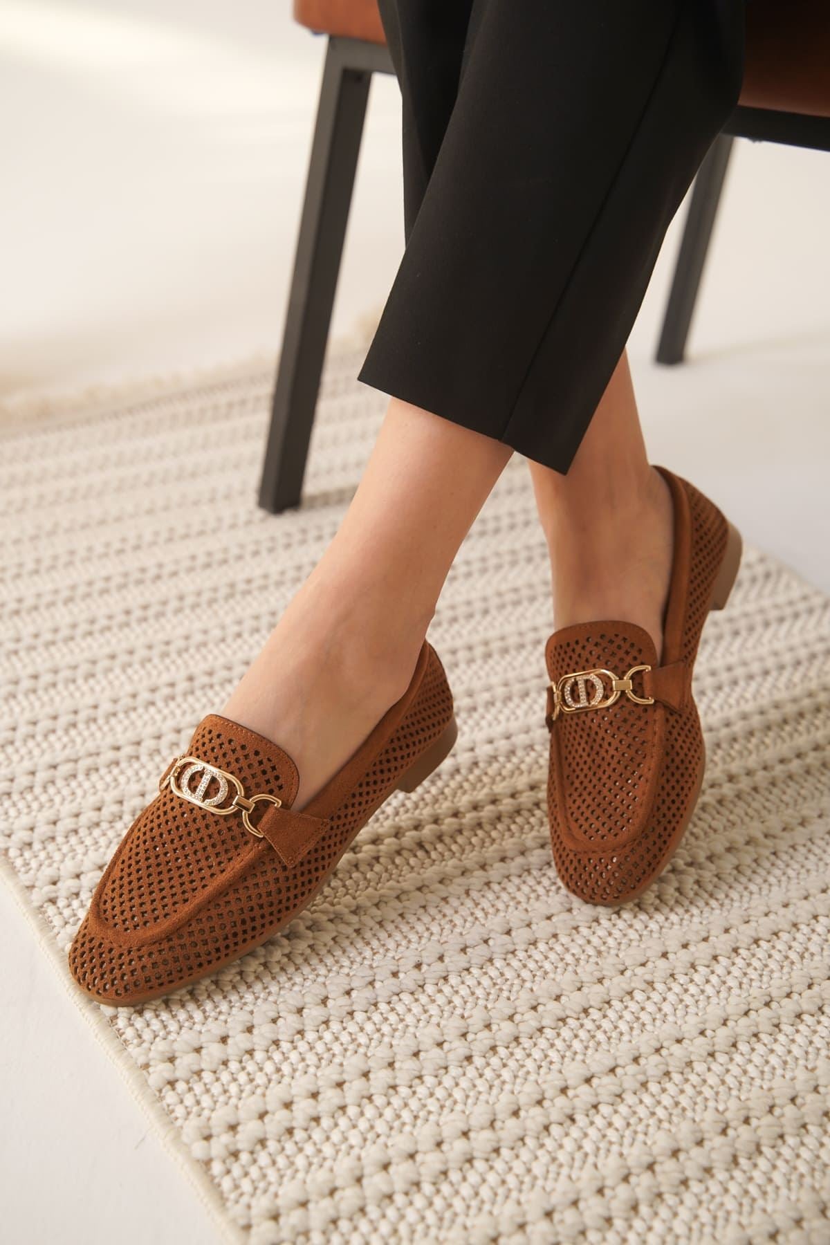 Sally Kadın Tokalı Taba Süet Loafer Ayakkabı
