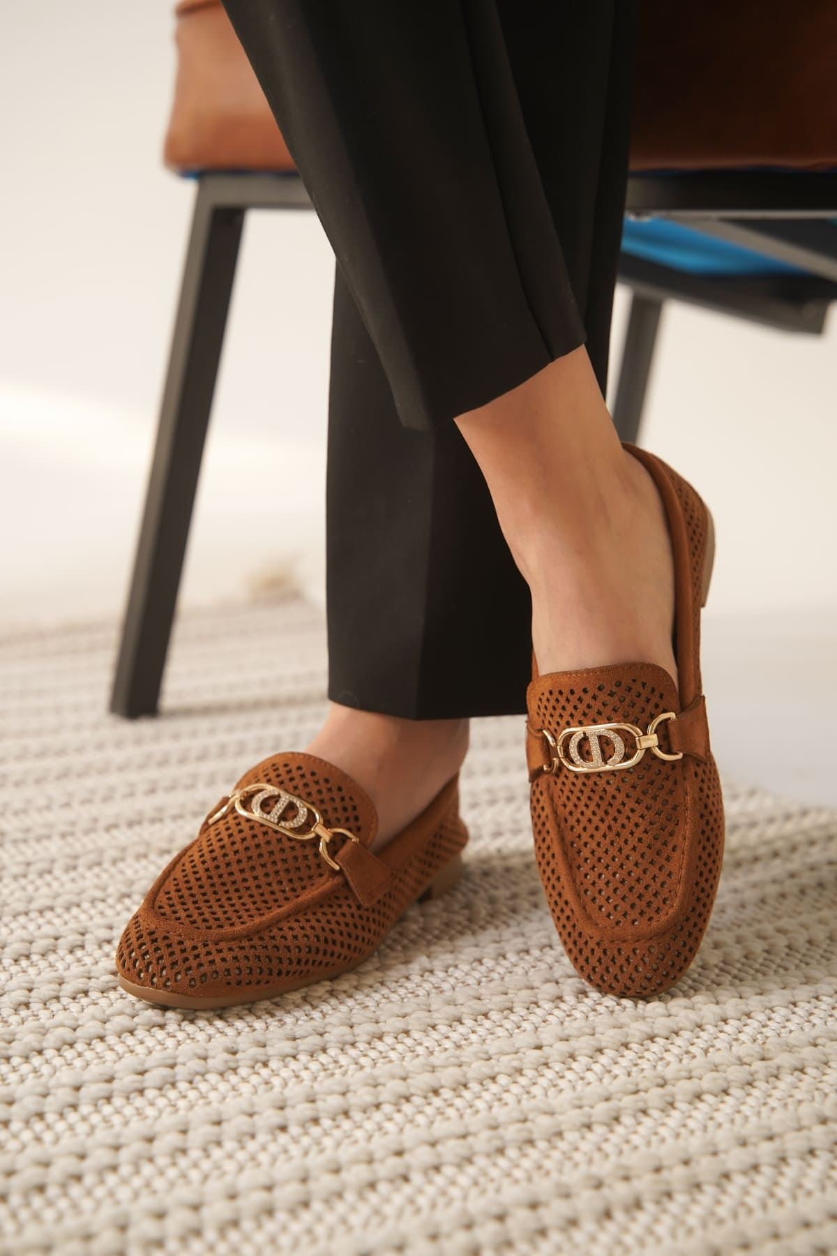 Sally Kadın Tokalı Taba Süet Loafer Ayakkabı