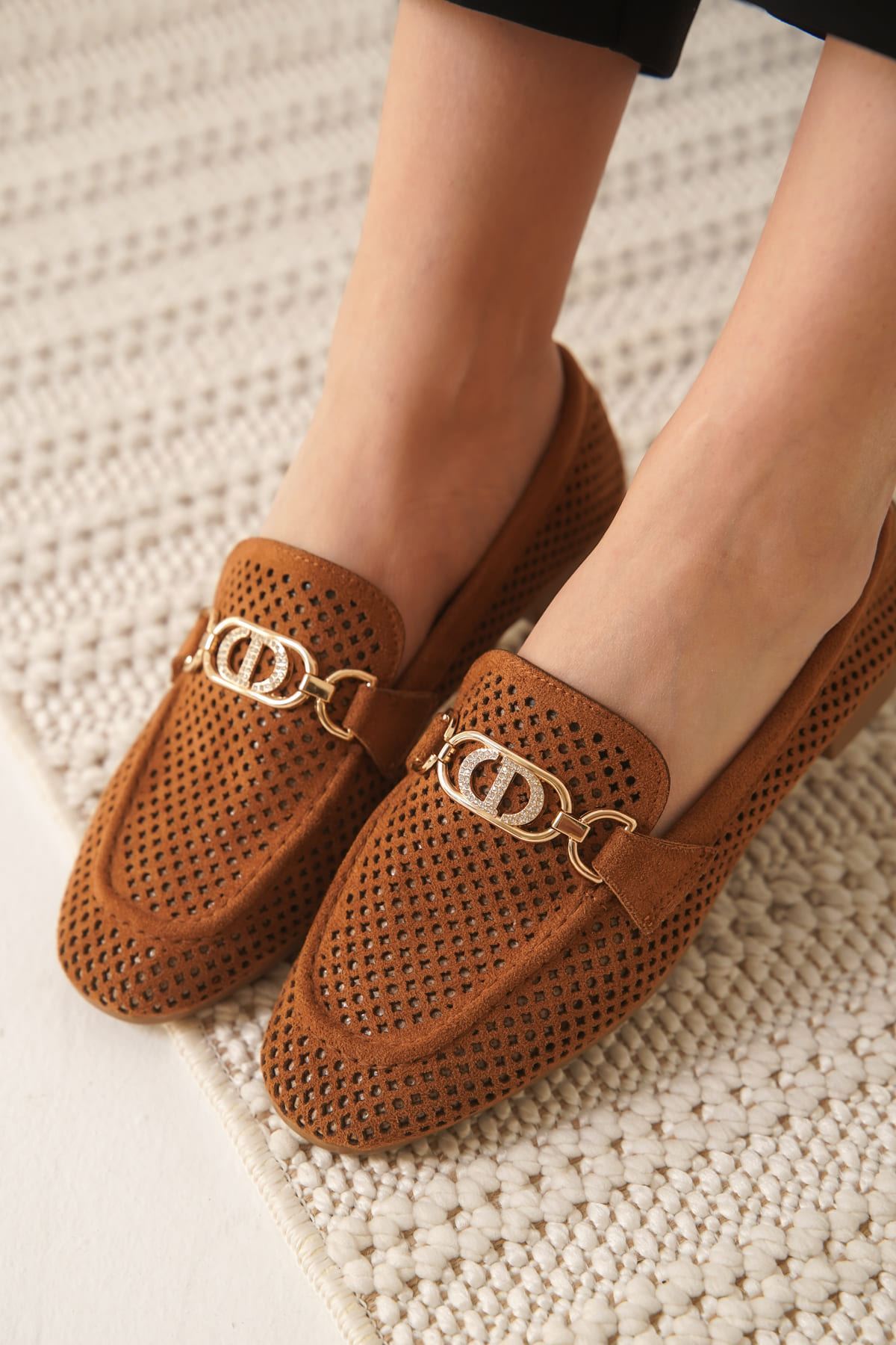 Sally Kadın Tokalı Taba Süet Loafer Ayakkabı