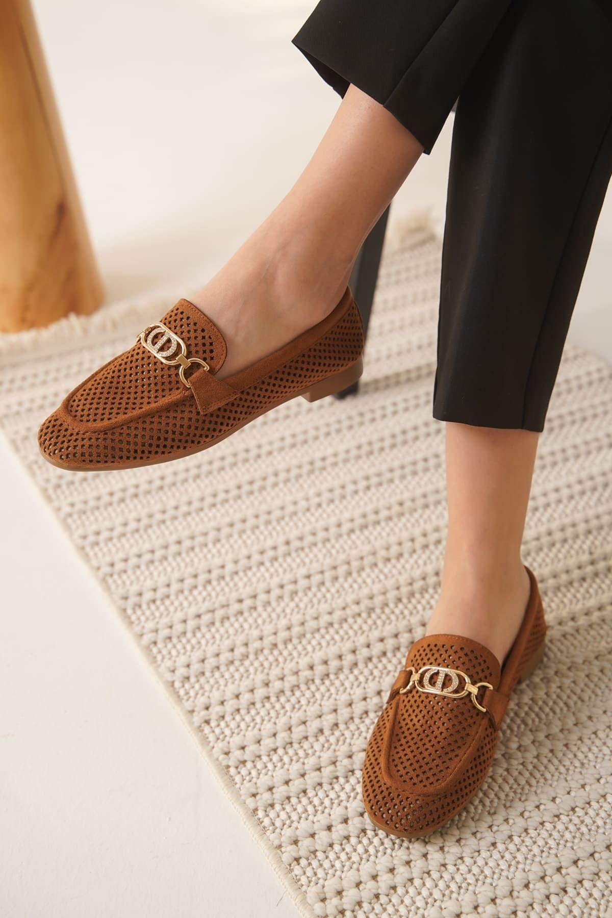 Sally Kadın Tokalı Taba Süet Loafer Ayakkabı