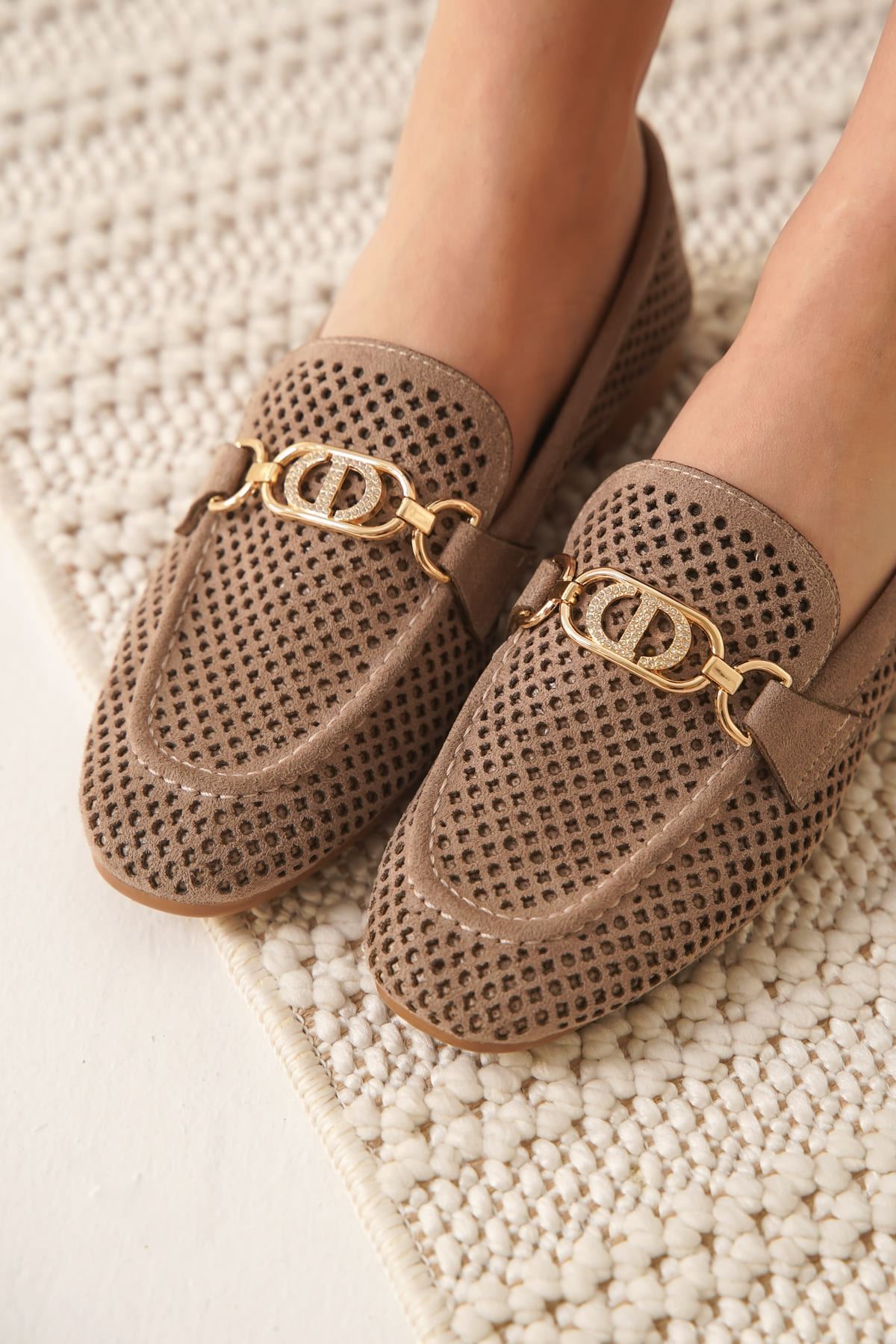 Sally Kadın Gold Aksesuarlı Vizon Süet Loafer Ayakkabı