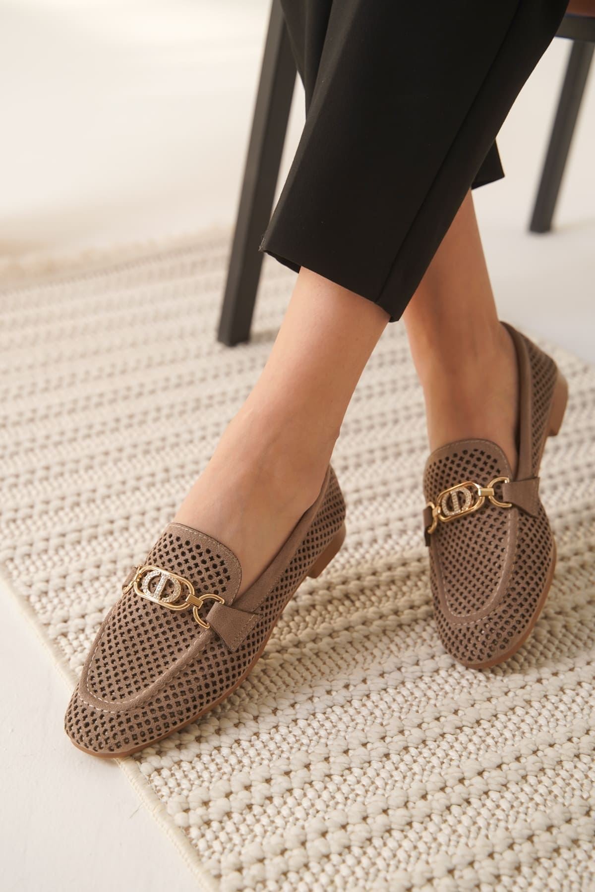 Sally Kadın Gold Aksesuarlı Vizon Süet Loafer Ayakkabı