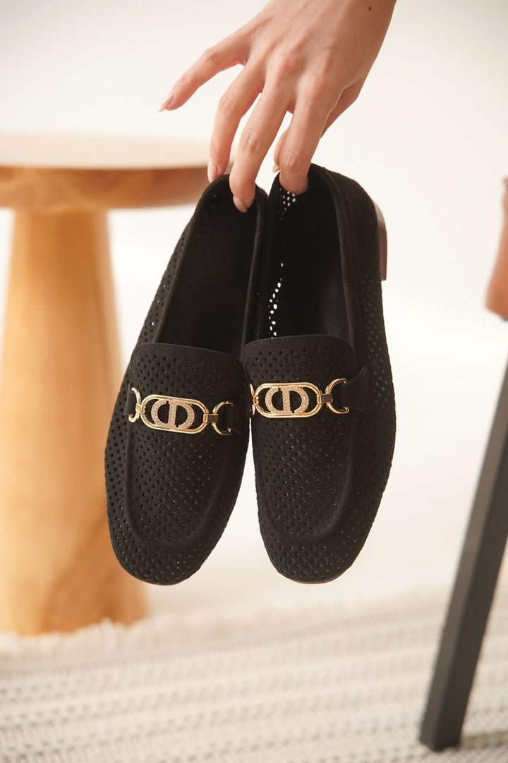 Sally Kadın Tokalı Siyah Süet Loafer Ayakkabı