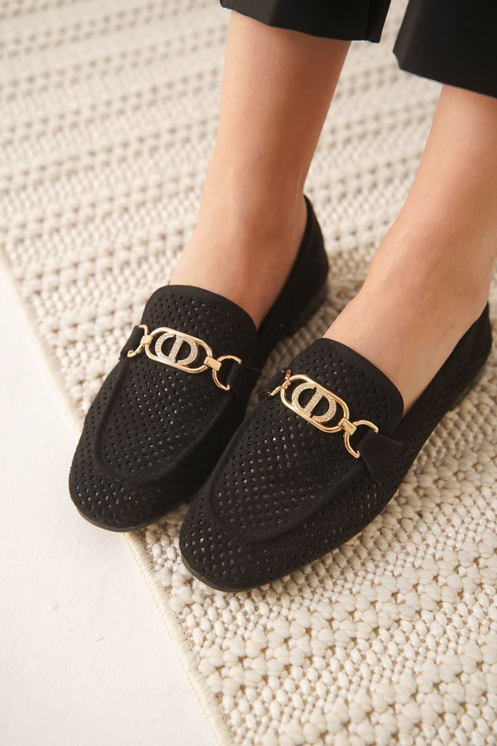 Sally Kadın Tokalı Siyah Süet Loafer Ayakkabı