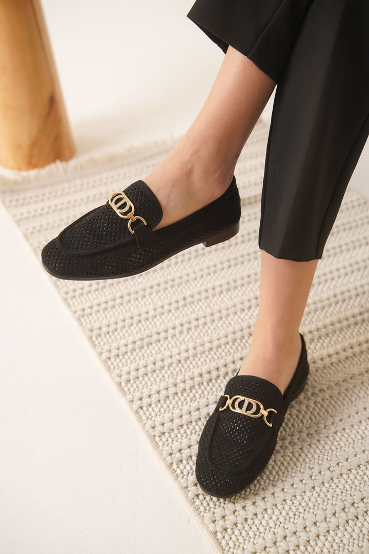 Sally Kadın Tokalı Siyah Süet Loafer Ayakkabı