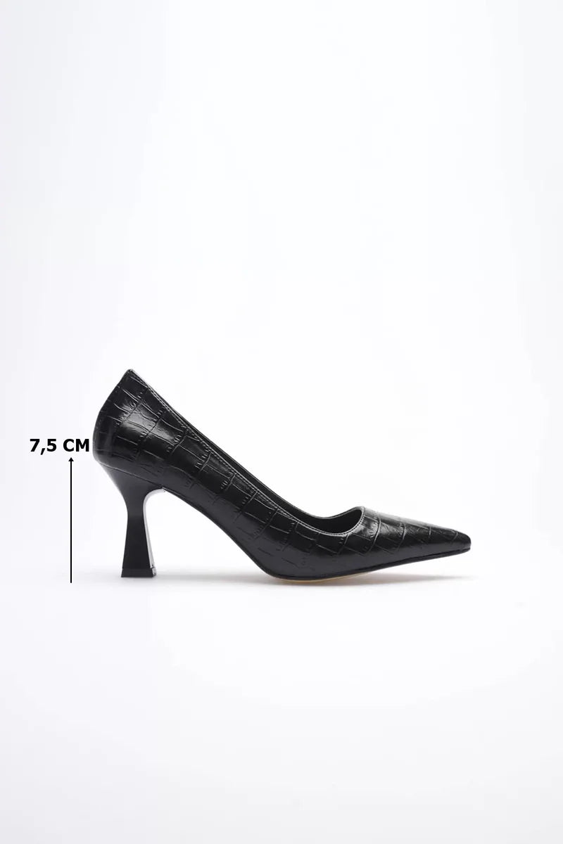 Lessa Siyah Kroko Sivri Burun Orta Topuklu Kadın Stiletto TR20MS02F