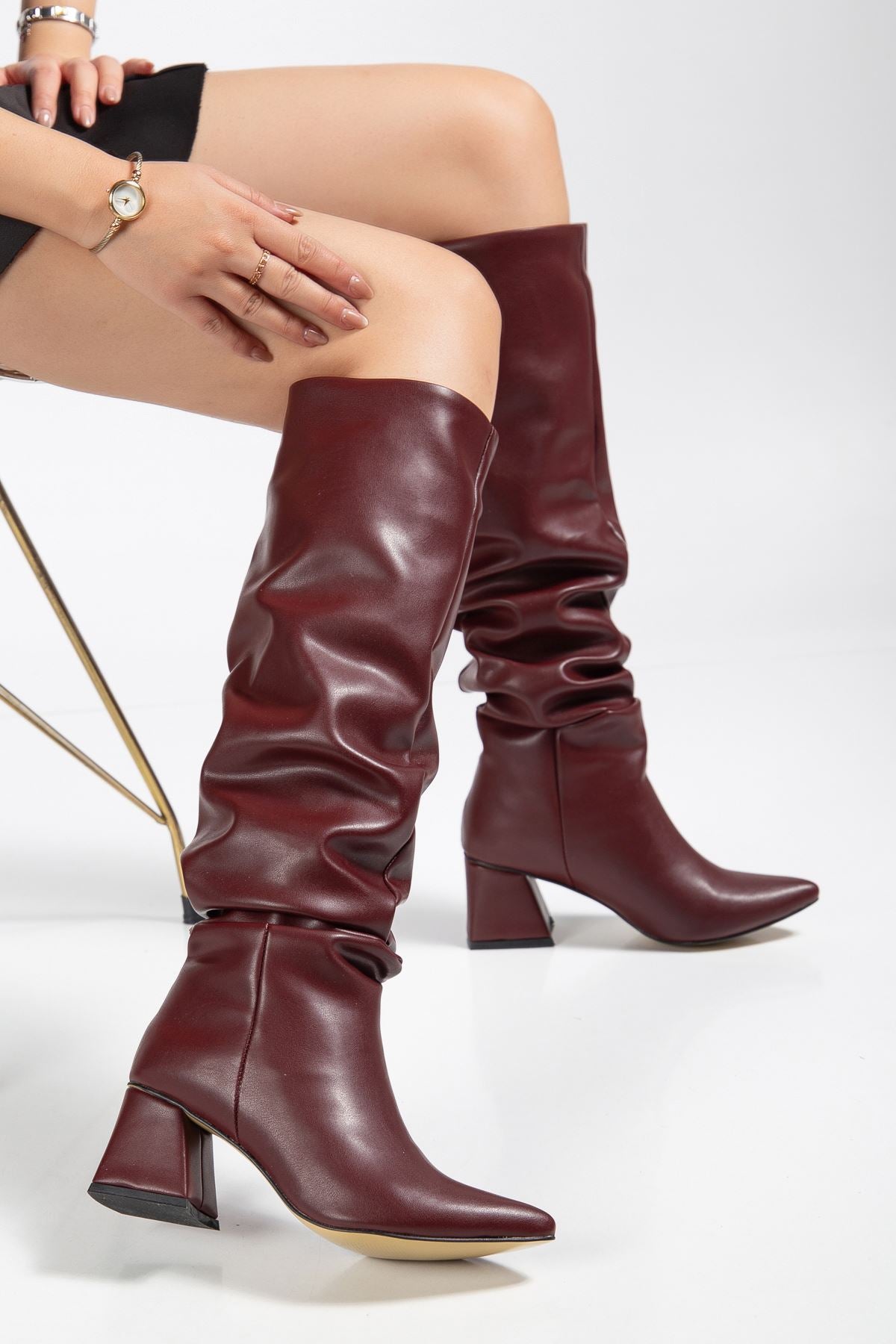 Ayzena Bordo Körüklü Kalın Topuklu Kadın Çizme