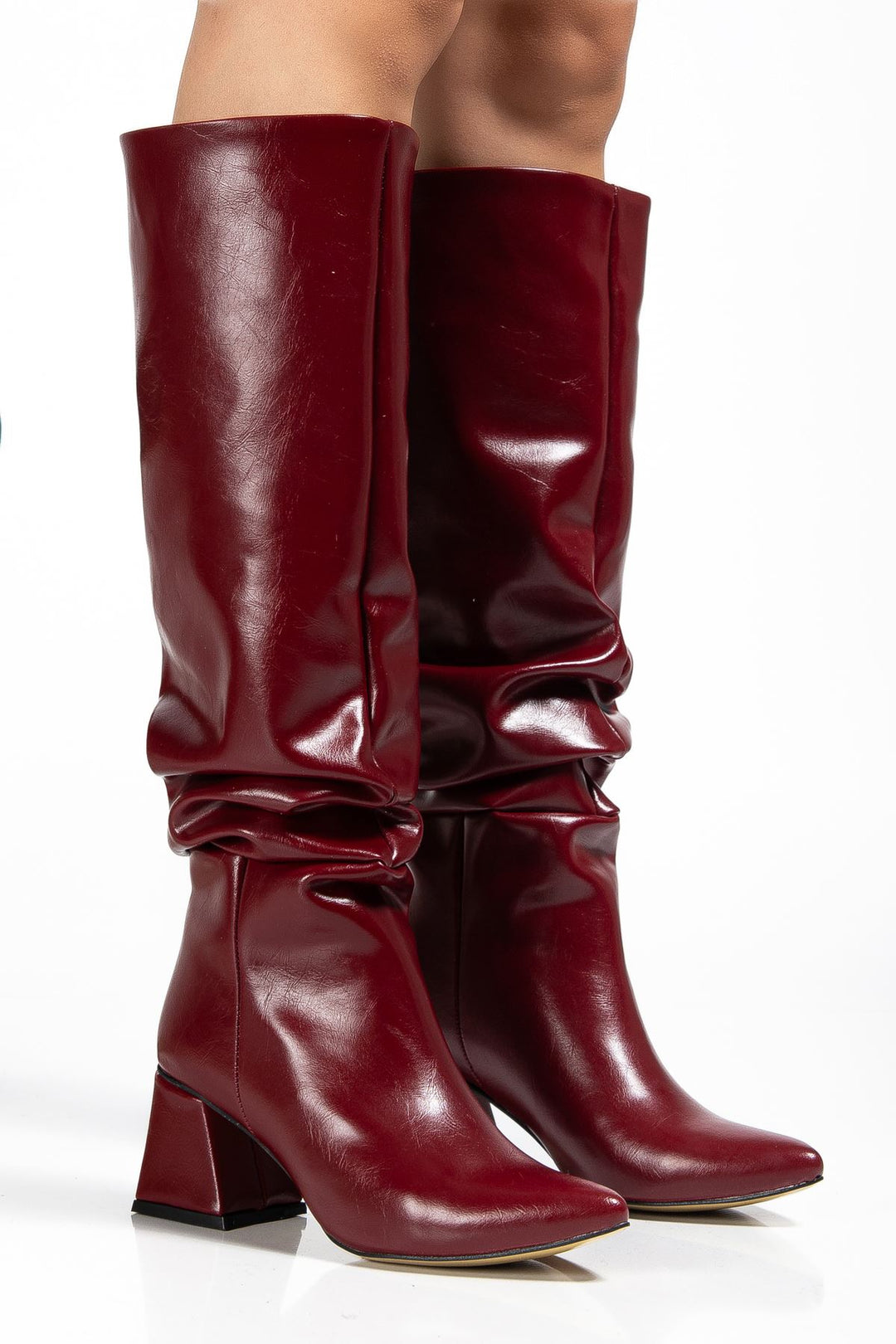Ayzena Bordo Kırışık Rugan Körüklü Kalın Topuklu Kadın Çizme