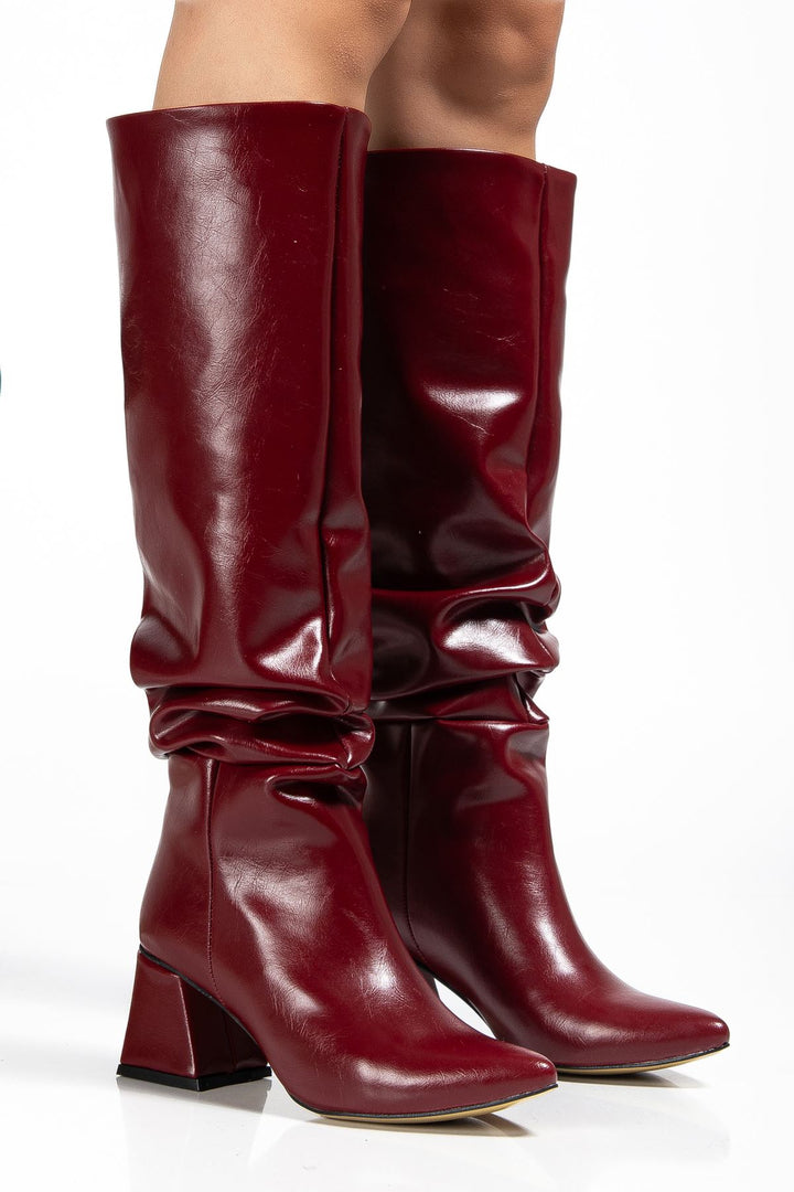 Ayzena Bordo Kırışık Rugan Körüklü Kalın Topuklu Kadın Çizme