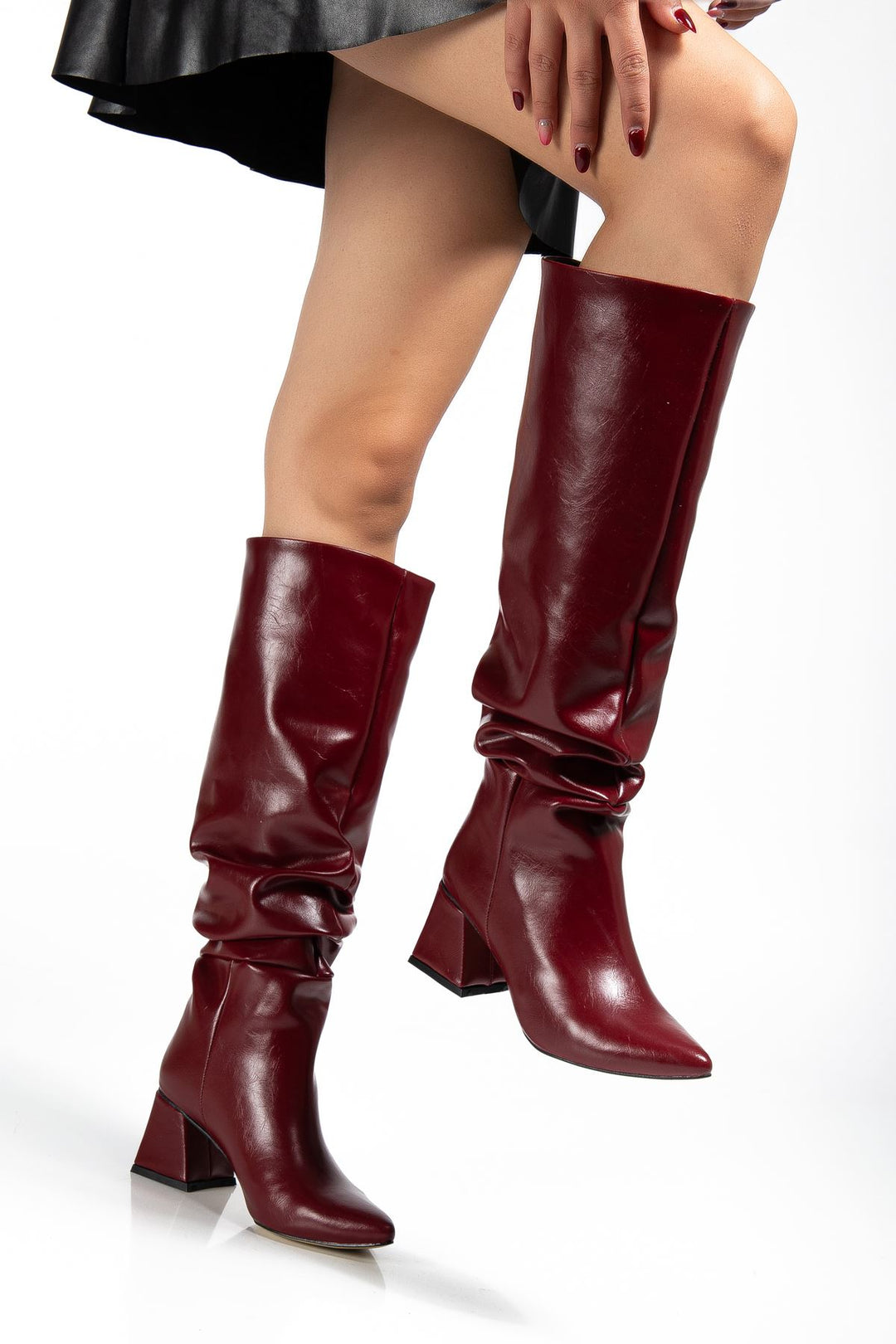 Ayzena Bordo Kırışık Rugan Körüklü Kalın Topuklu Kadın Çizme