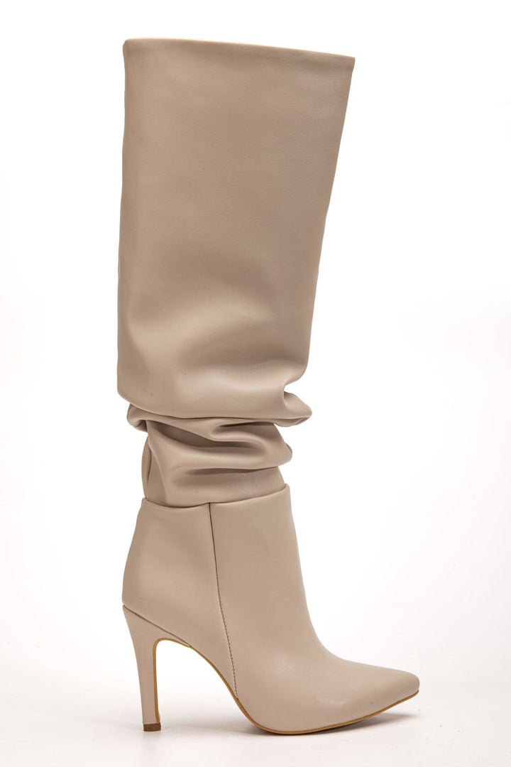 Benan Bej Körüklü İnce Topuklu Kadın Çizme