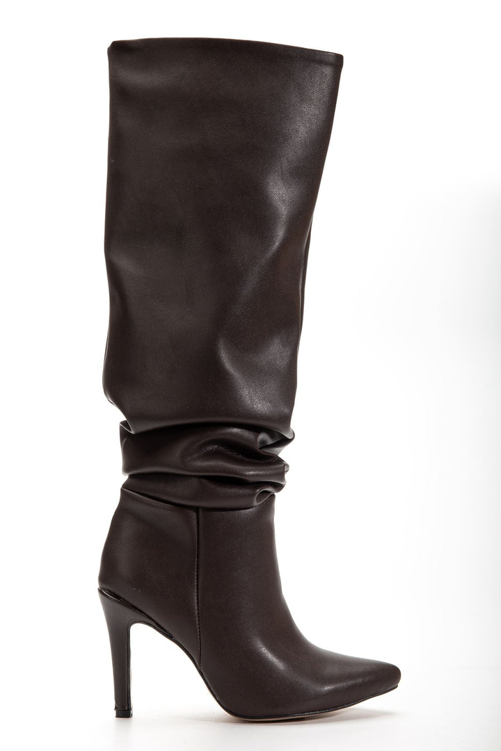 Benan Kahve Körüklü İnce Topuklu Kadın Çizme