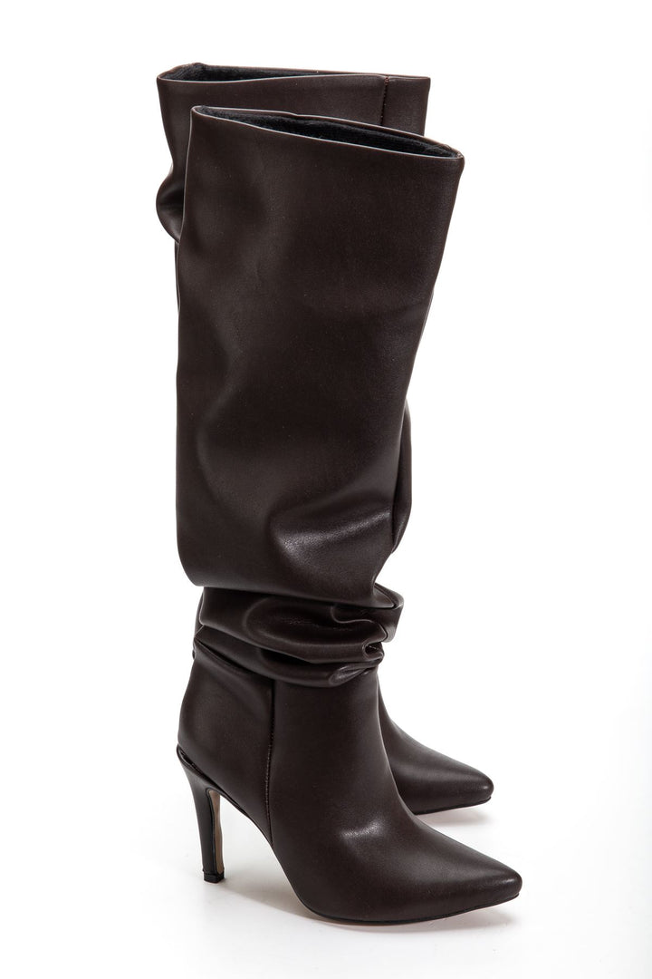 Benan Kahve Körüklü İnce Topuklu Kadın Çizme