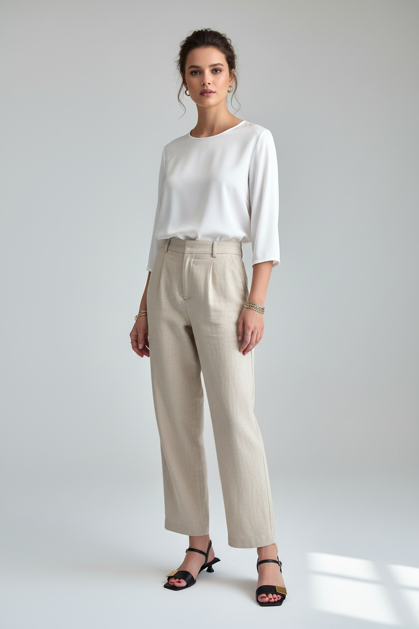 Tam Boy Manken - Bej Pantolon & Beyaz Bluz