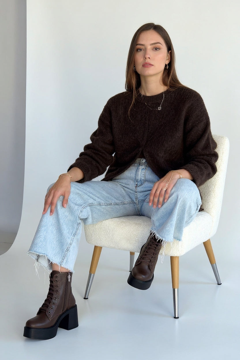 Tsan Kahverengi Kadın Bağcıklı Fermuarlı Topuklu Bot