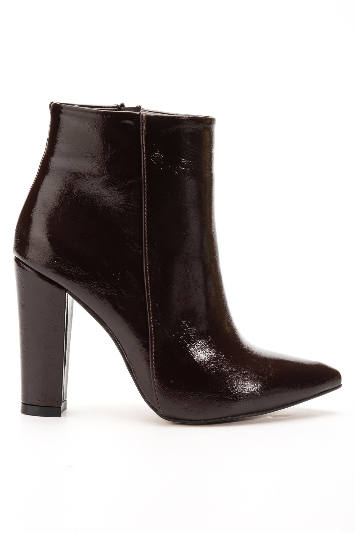 Defmen Kahve Kırışık Rugan Yüksek Kalın Topuklu Fermuarlı Kadın Bot