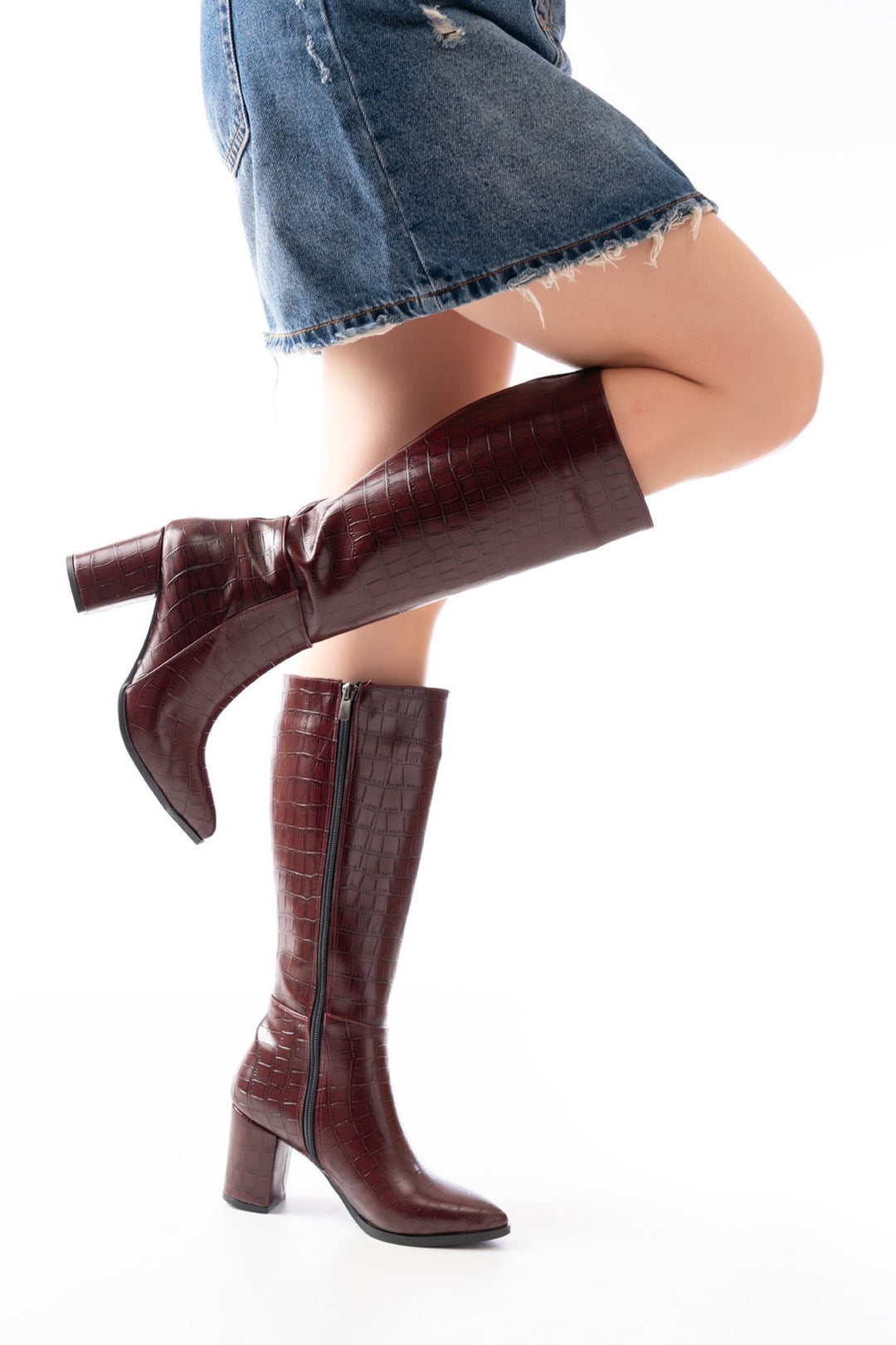 Fulern Bordo Kroko Topuklu Kadın Çizme