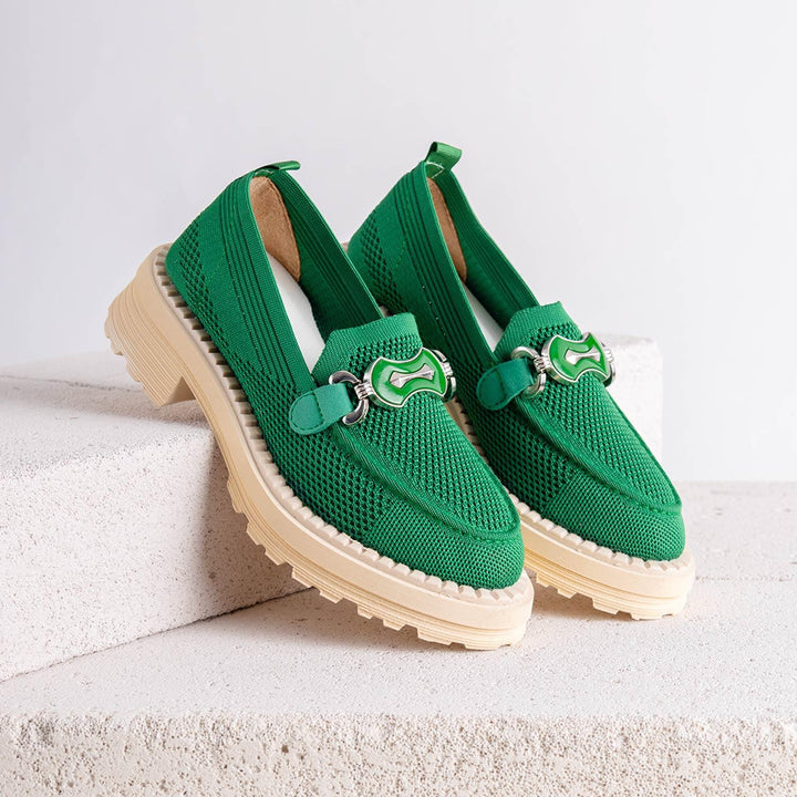 Rinsel Tokalı Yeşil Triko Kadın Loafer Ayakkabı